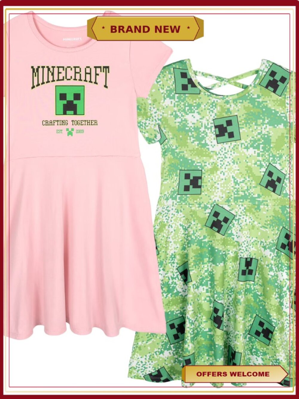Minecraft Creeper 2 Pack Skater Dresses Girls Toddler to Big Kid 7-8
